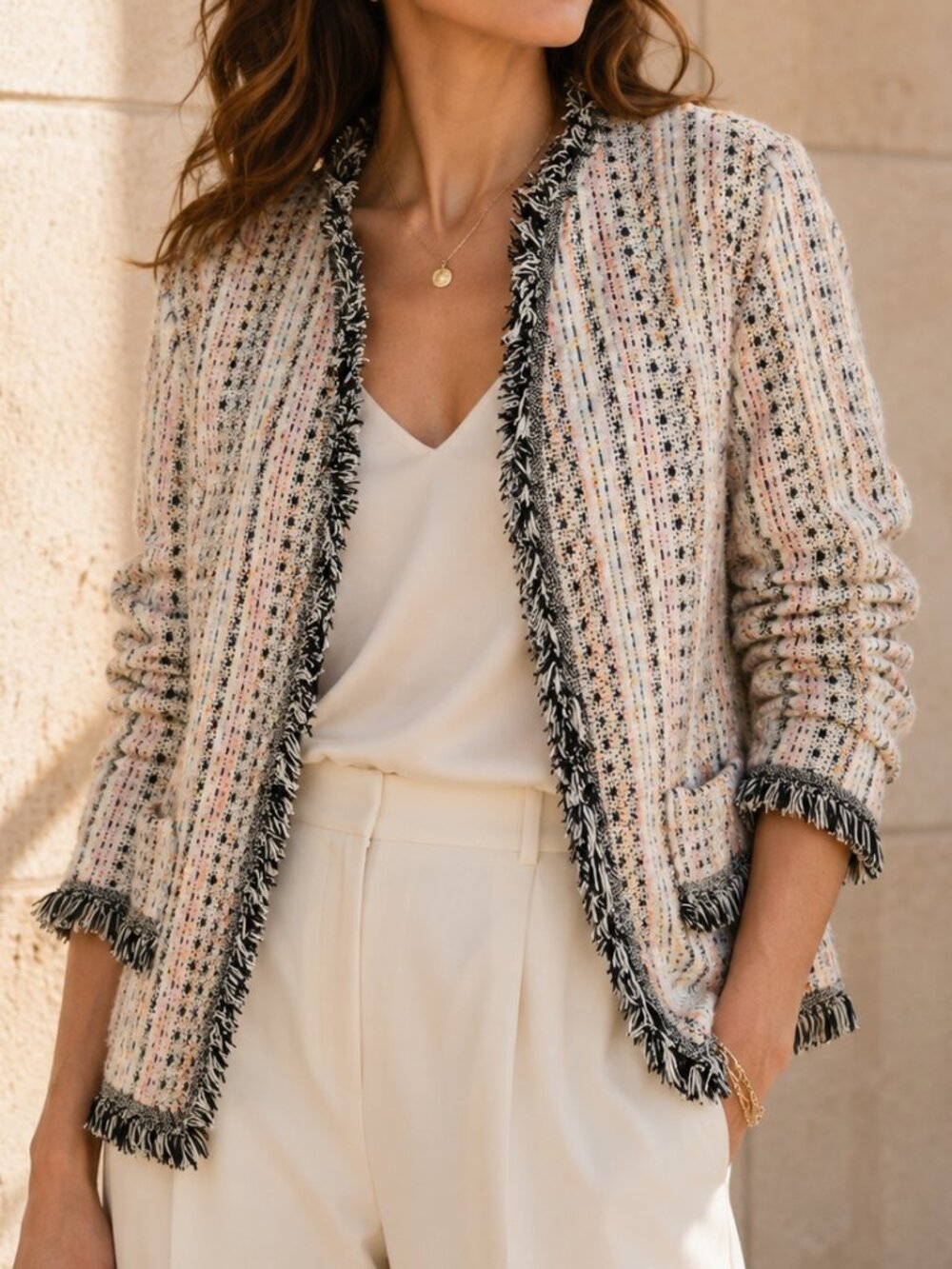 Anthropologie Eva Franco Reston Tweed Fringe Jacket Boucle Open Front L